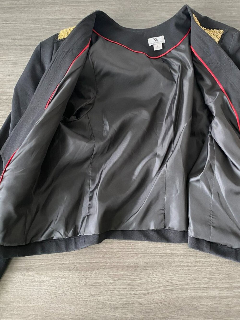 Worthington Black Open Front Blazer Jacket Gold Metallic Collar Accent Women's L - Picture 5 of 7